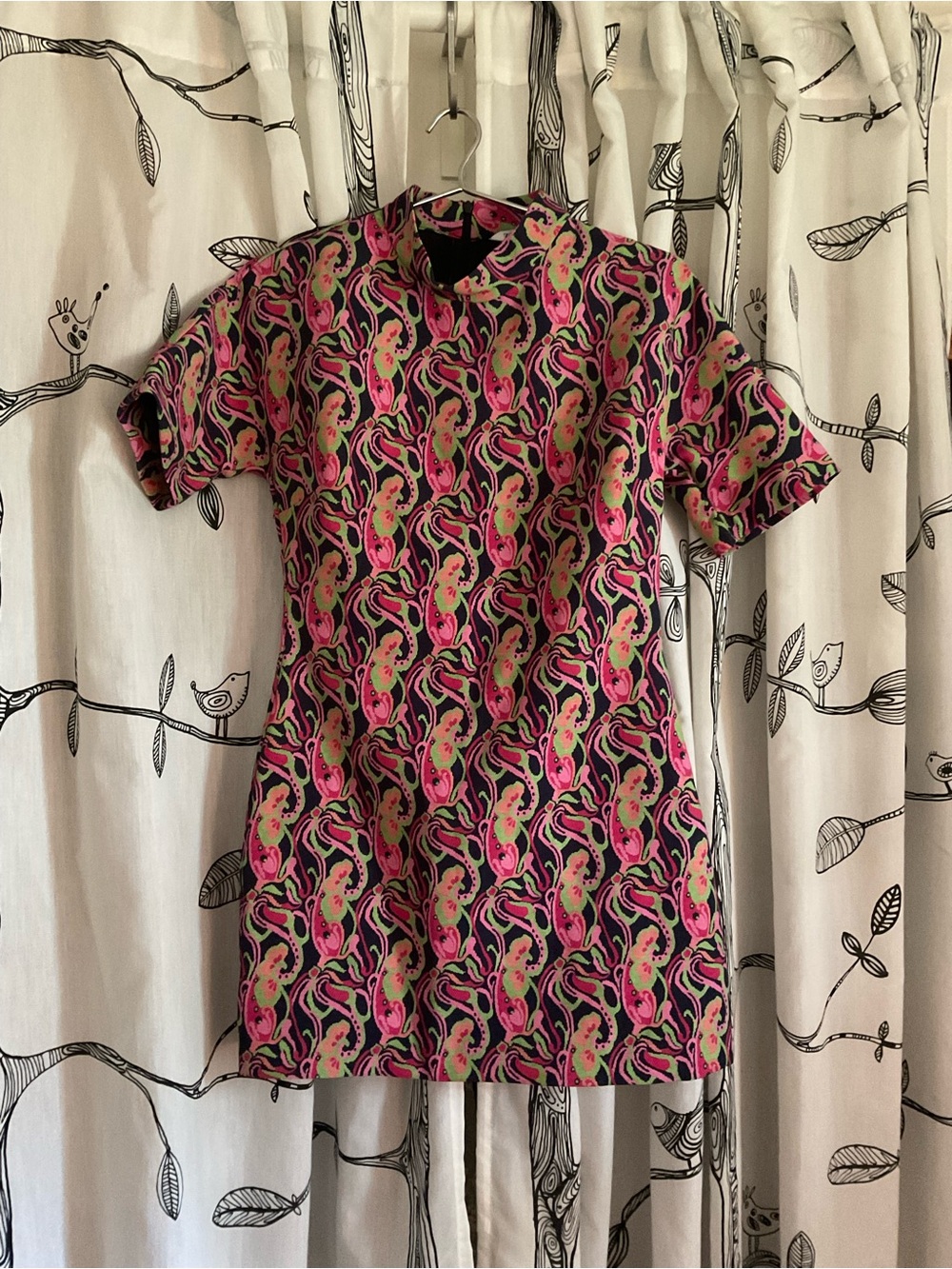 Zara Black Dress with Bright Pink and Green Paisley Accents